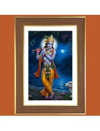 God Sri Krishna Photo Frame - 14x18 Inches, Brown Wooden Frame for Home, Office & Temple Decoration