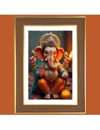 Lord Ganapathi Photo Frame - 10x14 Inches, Brown Wooden Frame for Home, Office & Temple Decoration