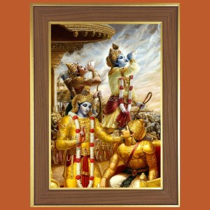 Lord Sr Krishna Kurukshetra Photo Frame - 12x16 Inches, Brown Wooden Frame for Home, Office & Temple Decoration