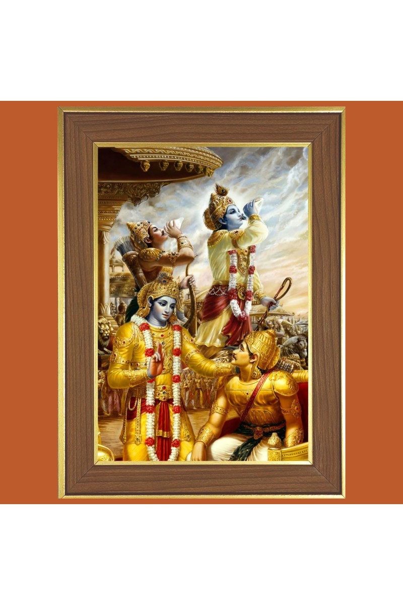 Lord Sr Krishna Kurukshetra Photo Frame - 12x16 Inches, Brown Wooden Frame for Home, Office & Temple Decoration