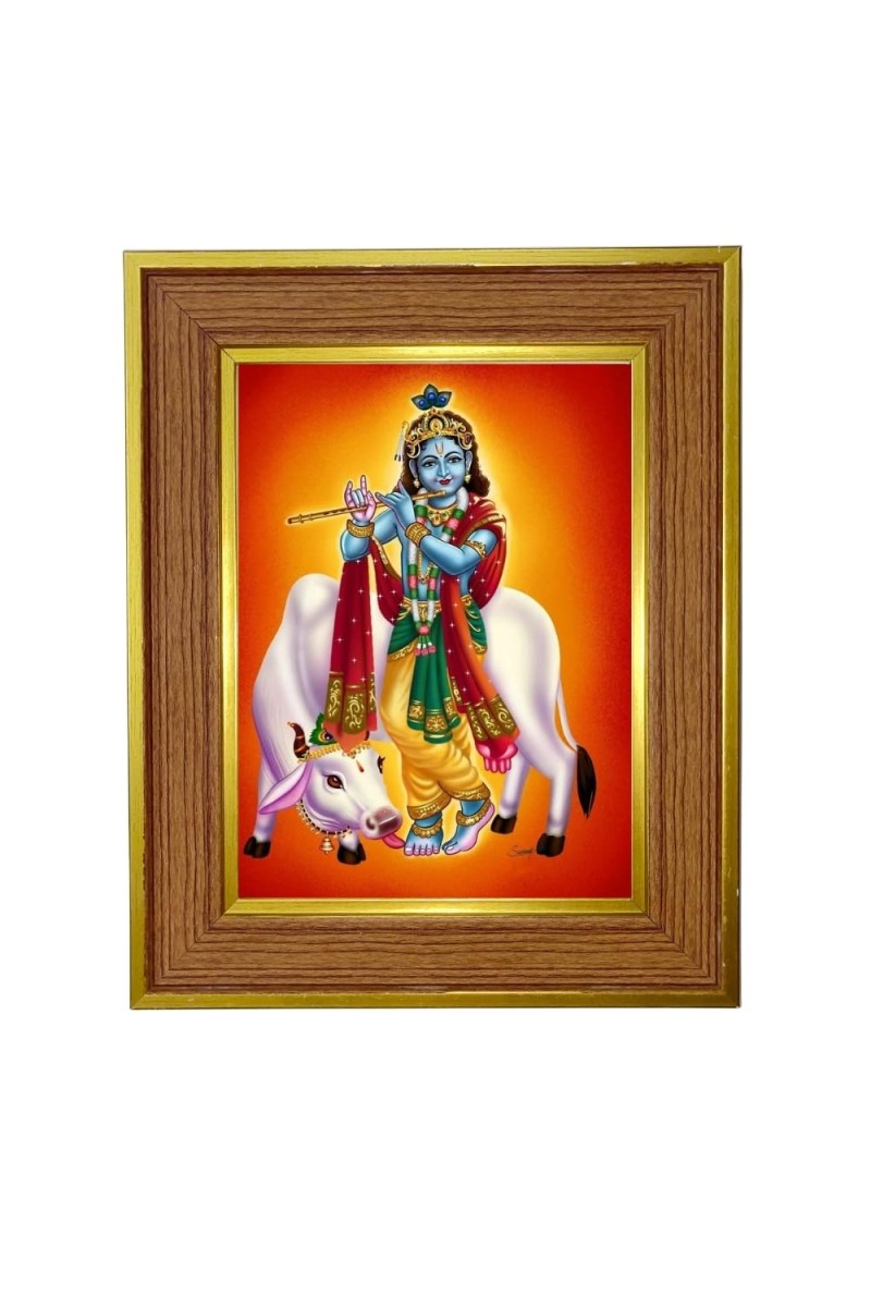 Lord Krishna Photo Frame 12x16 Inches-Brown Wooden Frame For Home, Office & Temple Decoration And Gifting (F6405)