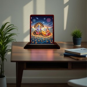 Car Desk/Table Top Lord Vishnu And Lakshmi Wooden Photo Stand 3x4 Inches, Compact & Stylish Spiritual Display For Car, Home & Office (Pack Of 1) (F14303)