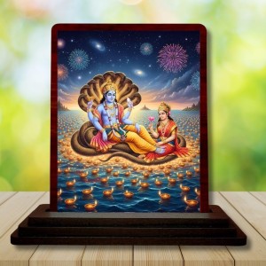 Car Desk/Table Top Lord Vishnu And Lakshmi Wooden Photo Stand 3x4 Inches, Compact & Stylish Spiritual Display For Car, Home & Office (Pack Of 1) (F14303)