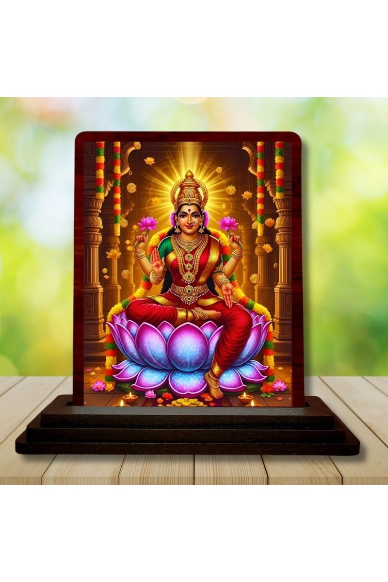 Car Desk/Table Top Goddess Lakshmi Wooden Photo Stand 3x4 Inches, Compact & Stylish Spiritual Display For Car, Home & Office (Pack Of 1) (F14167)