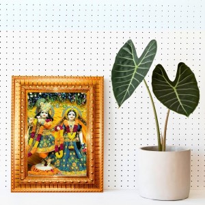 Radha Krishna Golden Designer Photo Frame | 16x20 Inch Religious Wall Hanging Frame For Home & Office Decoration | Hindu Deity Spiritual Gift Item
