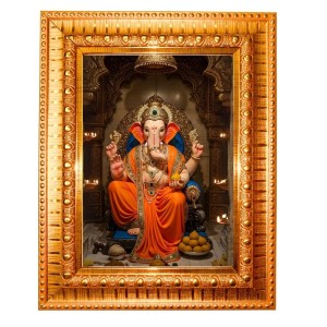 Divine Ganesha Golden Designer Photo Frame | 10x14 Inch Religious Wall Hanging Frame For Home, Office Decoration and Spiritual Gift Item (M1)