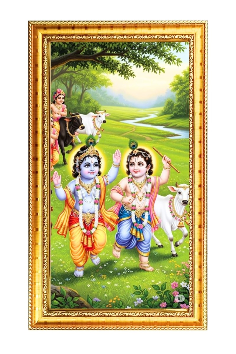 Little Krishna Digital Golden Color Photo Frame | Hindu Religious Wall Decor | 8x15 Inches - Inspirational Wall Art For Office, Home Decor - Ideal Spiritual Gift (F10302)