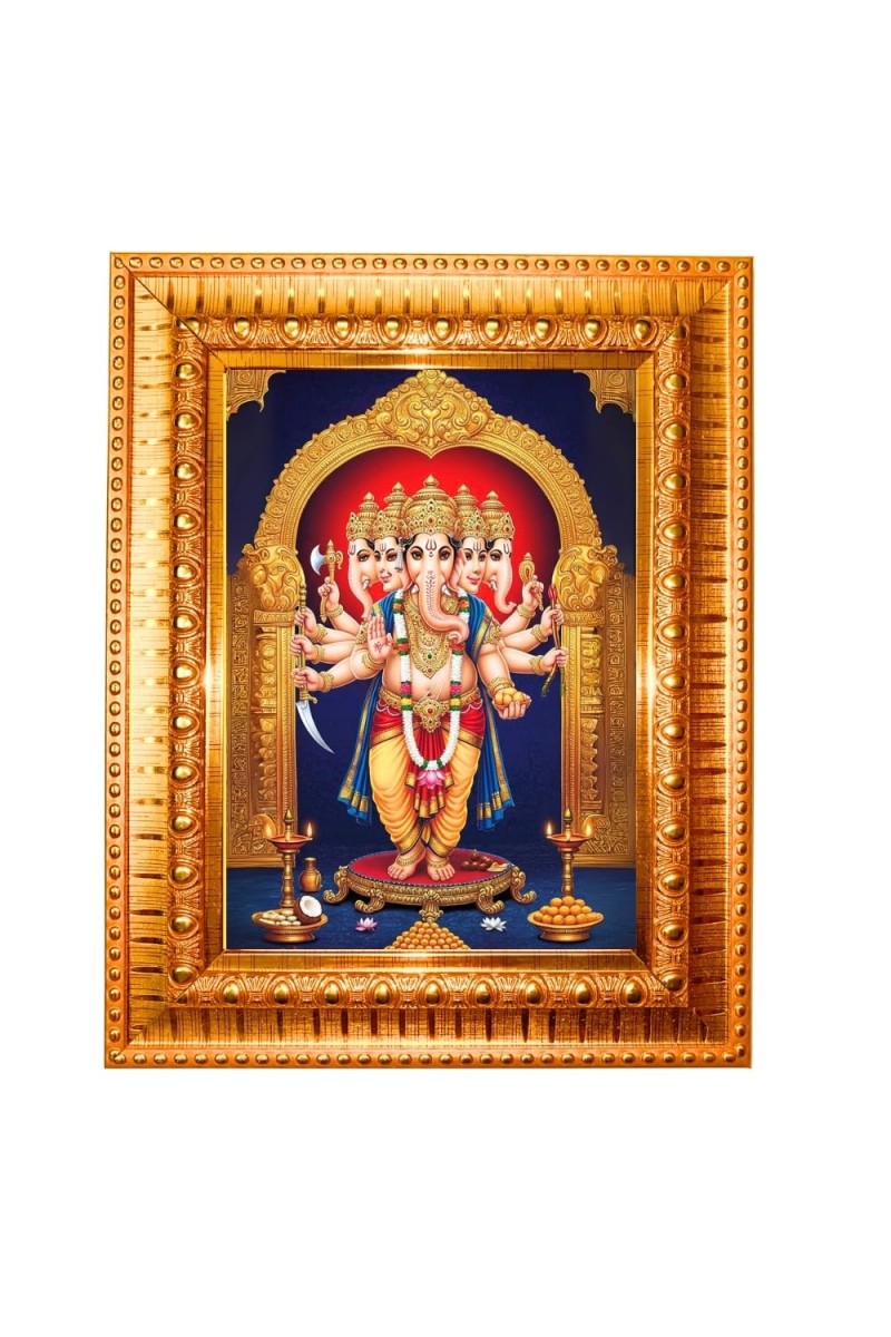 Panchamukhi Vinayaka Or Heramba Ganapati Golden Designer Photo Frame | 14x18 Inch Religious Wall Hanging Frame For Home & Office Decoration | Hindu Deity Spiritual Gift Item