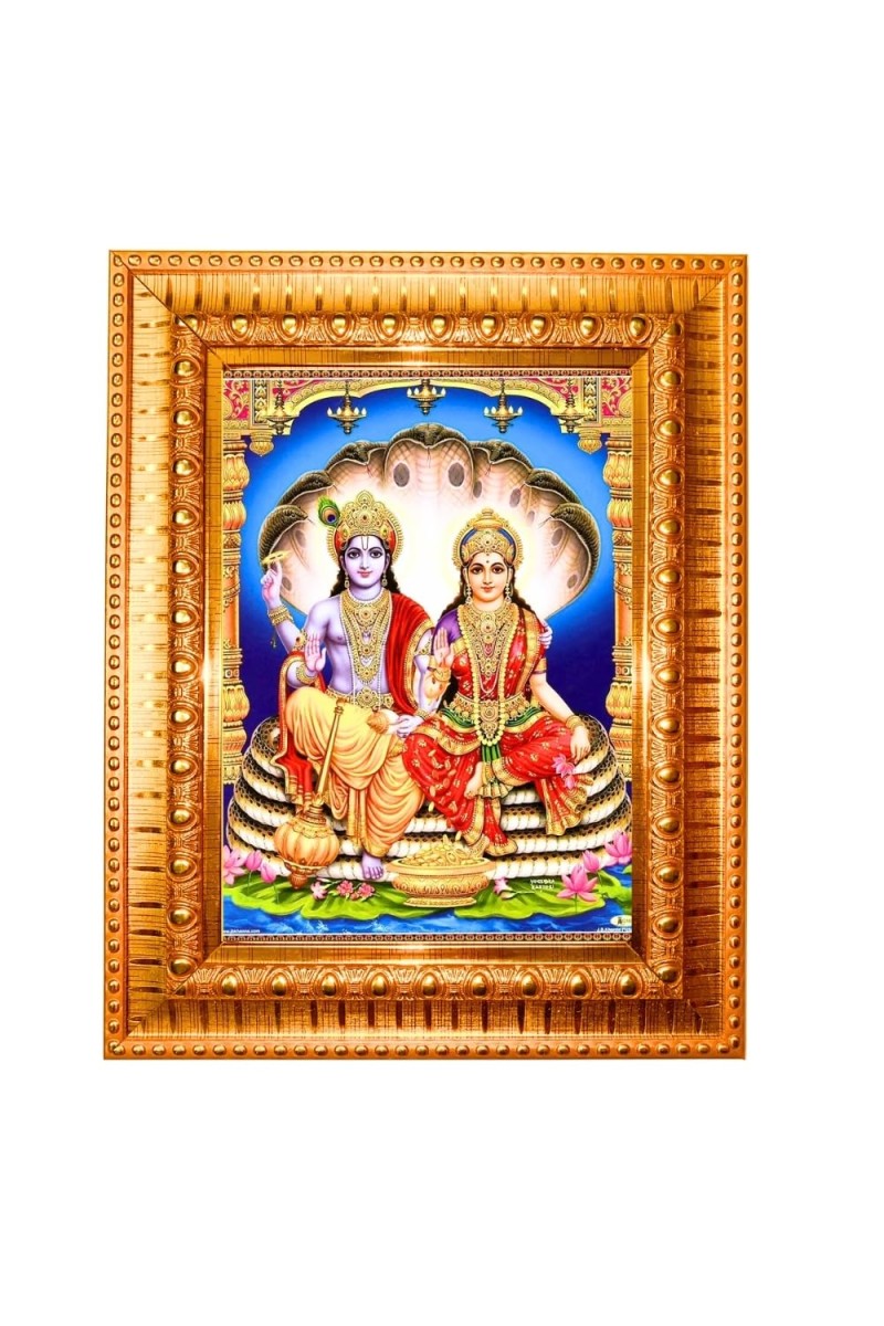 Lord Vishnu And Goddess Lakshmi Golden Designer Photo Frame | 12x16 Inch Religious Wall Hanging Frame For Home & Office Decoration | Hindu Deity Spiritual Gift Item