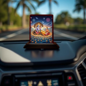 Car Desk/Table Top Lord Vishnu And Lakshmi Wooden Photo Stand 3x4 Inches, Compact & Stylish Spiritual Display For Car, Home & Office (Pack Of 1) (F14303)