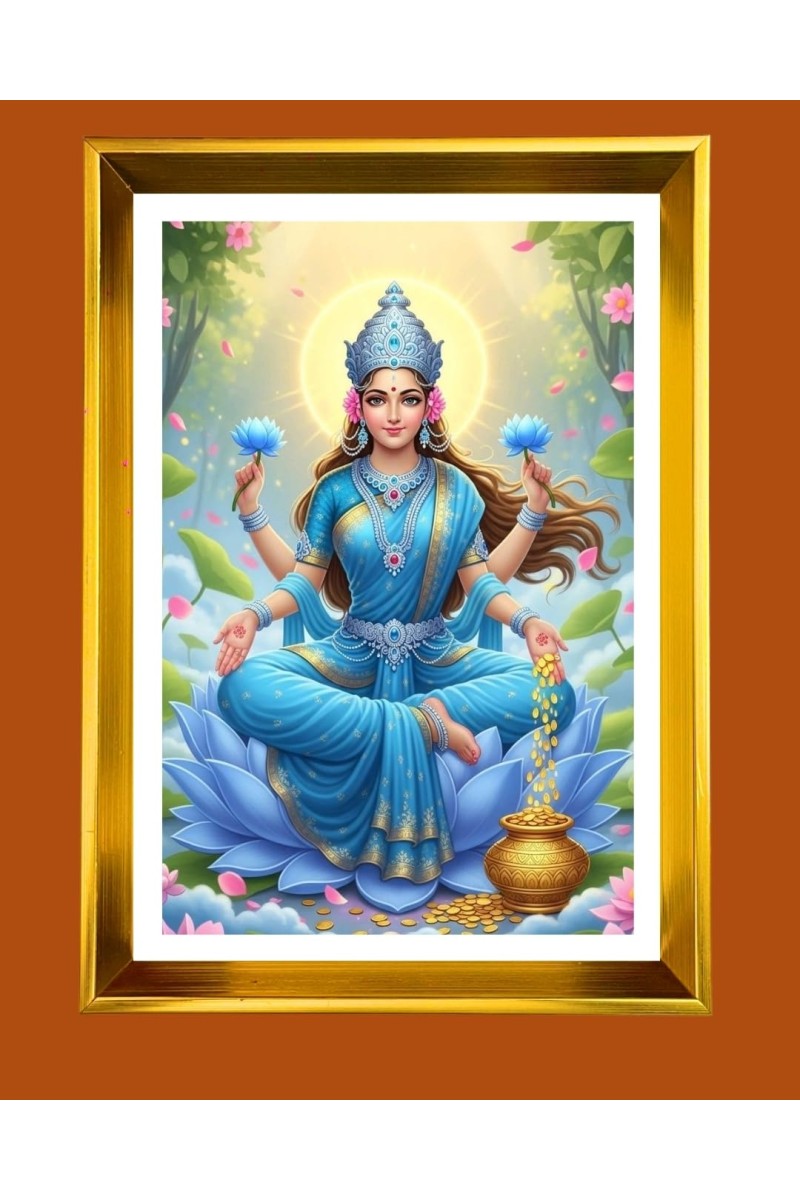 Maa Lakhsmi Golden Photo Frame - 10x14 Inches | Elegant Wooden Frame For Home, Office & Temple Decoration | Spiritual Wall & Table Decor and Gift Item