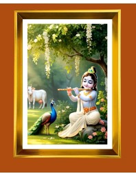 Little Krishna Golden Photo Frame - 12x16 Inches | Elegant Wooden Frame For Home, Office & Temple Decoration | Spiritual Wall & Table Decor And Gift Item (F9920)