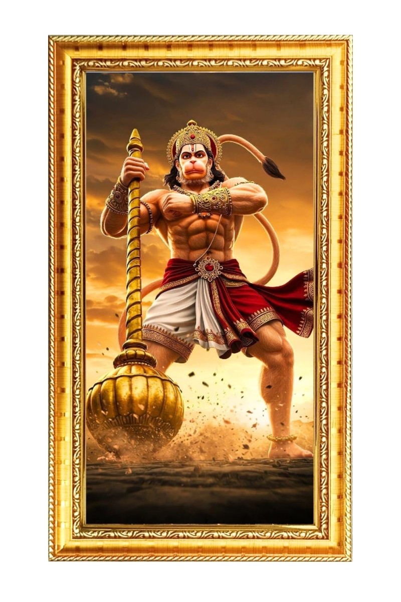 Lord Hanuman Digital Golden Color Photo Frame | Hindu Religious Wall Decor | 12x19 Inches - Inspirational Wall Art For Office, Home Decor - Ideal Spiritual Gift (F10341)