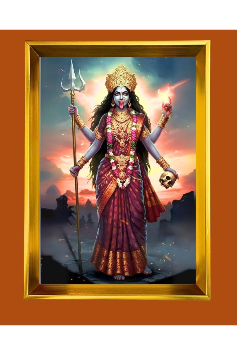 Goddess Kali Golden Photo Frame - 18x22 Inches | Elegant Wooden Frame For Home, Office & Temple Decoration | Spiritual Wall & Table Decor And Gift Item (F9738)