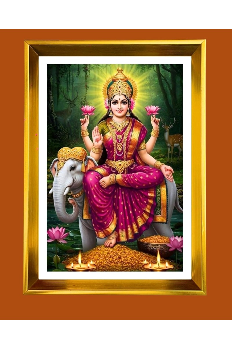 Maa Laxmi Golden Photo Frame - 10x14 Inches | Elegant Wooden Frame For Home, Office & Temple Decoration | Spiritual Wall & Table Decor and Gift Item