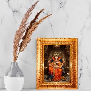 Divine Ganesha Golden Designer Photo Frame | 10x14 Inch Religious Wall Hanging Frame For Home, Office Decoration and Spiritual Gift Item (M1)