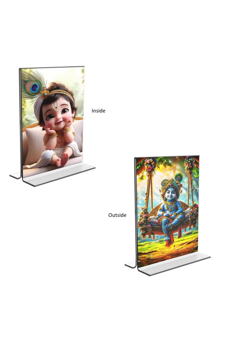 Car Desk/Table Top Bal Gopal Sri Krishna Acrylic T-Style Photo Stand - 2.5x3.5 Inches, Compact and Stylish Spiritual Display, easily change 2 photos (Pack of 1)