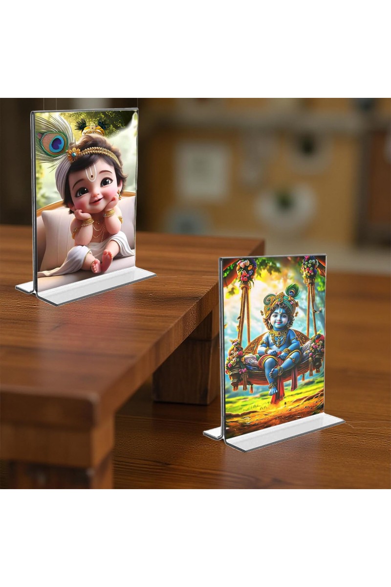 Bal Gopal Sri Krishna Acrylic T-Style Photo Stand - 5x7 Inches, Compact and Stylish Spiritual Display, easily change 2 photos (Pack of 1)