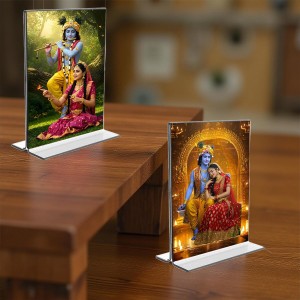 Sri Krishna and Sri Radha Acrylic T-Style Photo Stand - 9x11 Inches, Compact and Stylish Spiritual Display, easily change 2 photos (Pack of 1) Sri Krishna and Sri Radha Acrylic T-Style Photo Stand - 9x11 Inches, Compact and Stylish Spiritual Display, easily change 2 photos (Pack of 1)