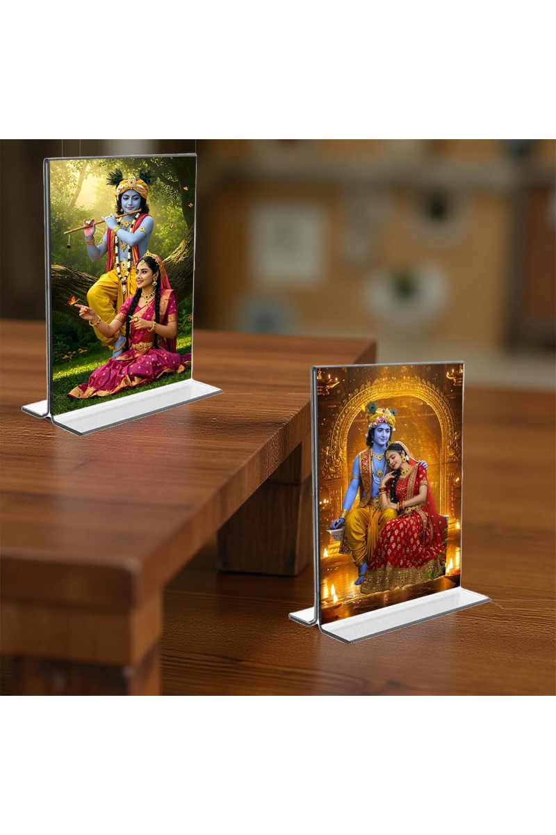 Sri Krishna and Sri Radha Acrylic T-Style Photo Stand - 11x13 Inches, Compact and Stylish Spiritual Display, easily change 2 photos (Pack of 1)