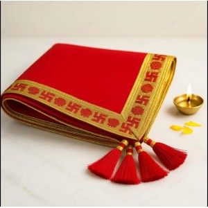 Traditional Red Puja Cloth with Golden Border & Swastik Design | Temple Aasan for Pooja & Festivals Pack of 2
