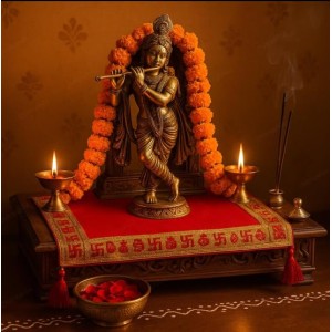 Traditional Red Puja Cloth with Golden Border & Swastik Design | Temple Aasan for Pooja & Festivals Pack of 2