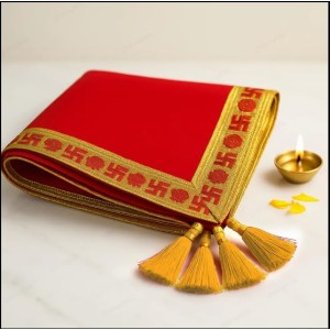 Traditional Red Puja Cloth with Golden Border & Swastik Design | Temple Aasan for Pooja & Festivals Pack of 2