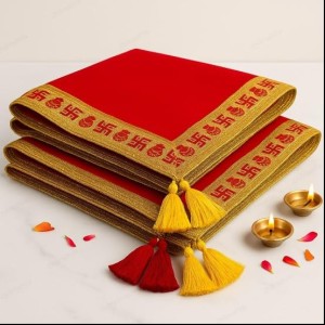 Traditional Red Puja Cloth with Golden Border & Swastik Design | Temple Aasan for Pooja & Festivals Pack of 2