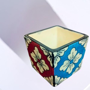 Handcrafted Ceramic Square Pot with Floral Design | Multicolor Decorative Plant Pot for Indoor Plants, & Home Décor