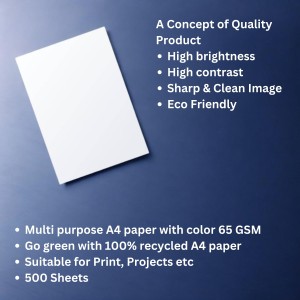A4 Size Plain White Paper Pack of 1 (Sheets – 500) Multipurpose Sheets for Home, Office, School, Crafting, Printing, Writing, and Sketching, Art Projects (Smooth Finish - 65 GSM) A4 Size Plain White Paper Pack of 1 (Sheets – 500) Multipurpose Sheets for Home, Office, School, Crafting, Printing, Writing, and Sketching, Art Projects (Smooth Finish - 65 GSM)