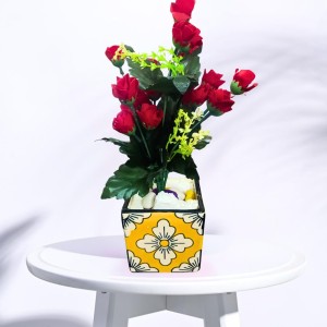 Handcrafted Ceramic Square Pot with Floral Design | Multicolor Decorative Plant Pot for Indoor Plants, & Home Décor