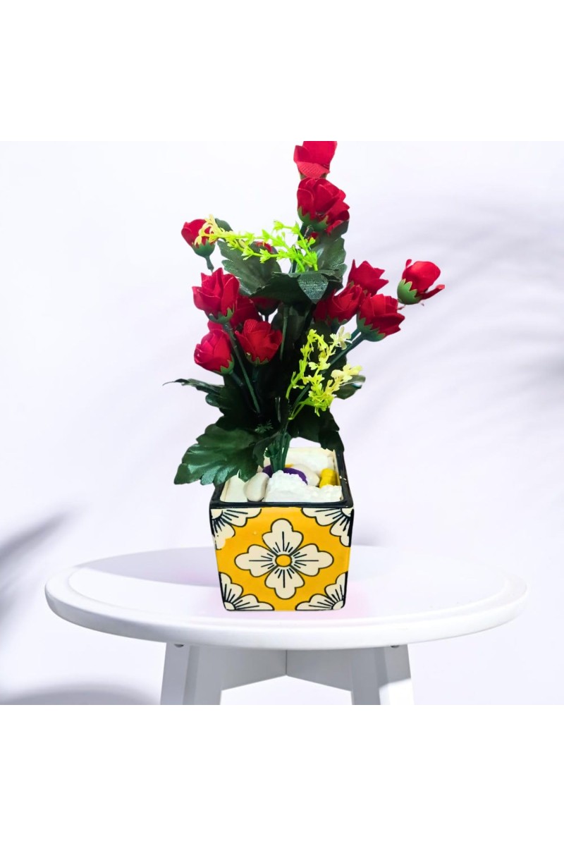 Handcrafted Ceramic Square Pot with Floral Design | Multicolor Decorative Plant Pot for Indoor Plants, & Home Décor
