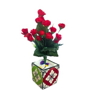 Handcrafted Ceramic Square Pot with Floral Design | Multicolor Decorative Plant Pot for Indoor Plants, & Home Décor