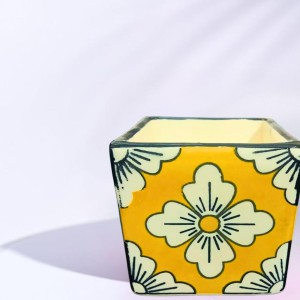 Handcrafted Ceramic Square Pot with Floral Design | Multicolor Decorative Plant Pot for Indoor Plants, & Home Décor