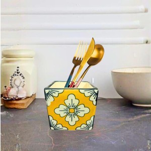 Handcrafted Ceramic Square Pot with Floral Design | Multicolor Decorative Plant Pot for Indoor Plants, & Home Décor