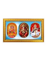 Maa Laxmi Ganesh, Saraswati Photo Frame - 8x14 Inch Brown Wooden Frame | Hindu Gods Wall Decor For Home & Office
