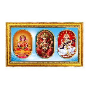 Maa Laxmi Ganesh, Saraswati Photo Frame - 8x14 Inch Brown Wooden Frame | Hindu Gods Wall Decor For Home & Office Maa Laxmi Ganesh, Saraswati Photo Frame - 8x14 Inch Brown Wooden Frame | Hindu Gods Wall Decor For Home & Office