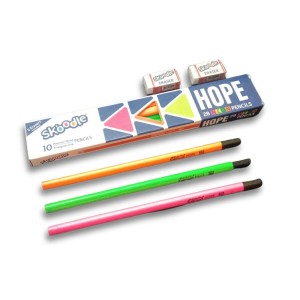 Hitech Sales Skoodle Hope 2B Neon Pencils Set with 2 Erasers - Pack of 10 Premium Wooden Pencils with Triangular Grip for Writing and Drawing Hitech Sales Skoodle Hope 2B Neon Pencils Set with 2 Erasers - Pack of 10 Premium Wooden Pencils with Triangular Grip for Writing and Drawing
