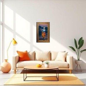 Lord Krishna Digital Golden Balck Color Photo Frame | Hindu Religious Wall Decor | 18x24 Inches - Inspirational Wall Art For Office, Home Decor - Ideal Spiritual Gift (F16688)