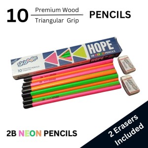 Hitech Sales Skoodle Hope 2B Neon Pencils Set with 2 Erasers - Pack of 10 Premium Wooden Pencils with Triangular Grip for Writing and Drawing Hitech Sales Skoodle Hope 2B Neon Pencils Set with 2 Erasers - Pack of 10 Premium Wooden Pencils with Triangular Grip for Writing and Drawing