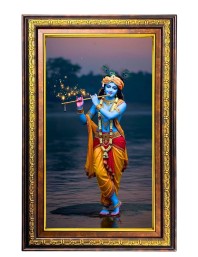 Lord Krishna Digital Golden Balck Color Photo Frame | Hindu Religious Wall Decor | 18x24 Inches - Inspirational Wall Art For Office, Home Decor - Ideal Spiritual Gift (F16688)