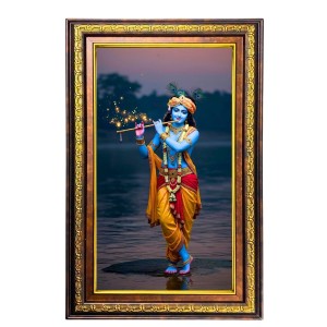 Lord Krishna Digital Golden Balck Color Photo Frame | Hindu Religious Wall Decor | 18x24 Inches - Inspirational Wall Art For Office, Home Decor - Ideal Spiritual Gift (F16688)