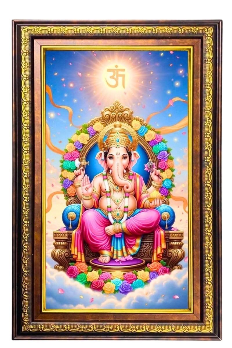 Lord Ganesha Digital Golden Balck Color Photo Frame | Hindu Religious Wall Decor | 18x24 Inches - Inspirational Wall Art For Office, Home Decor - Ideal Spiritual Gift (F16810)
