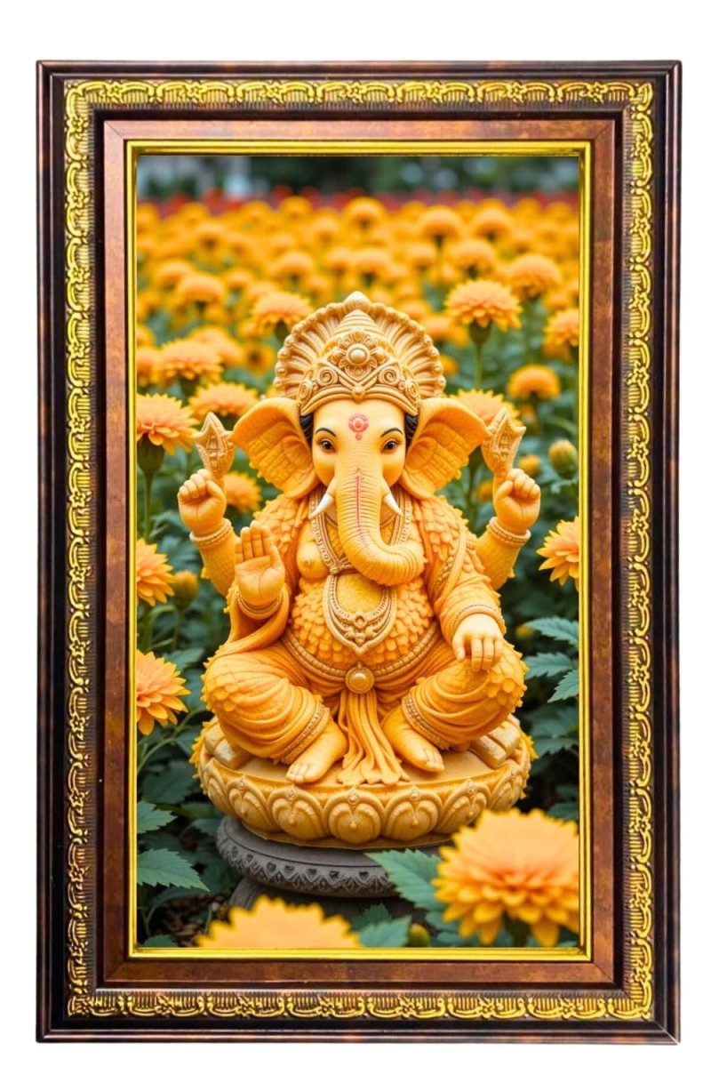 Lord Ganesha Digital Golden Balck Color Photo Frame | Hindu Religious Wall Decor | 12x18 Inches - Inspirational Wall Art For Office, Home Decor - Ideal Spiritual Gift (F16588)