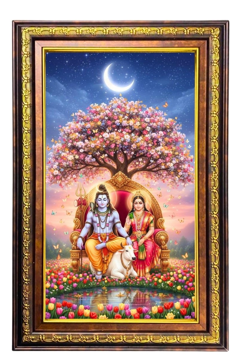 Lord Shiva Parvathi Digital Golden Balck Color Photo Frame | Hindu Religious Wall Decor | 10x16 Inches - Inspirational Wall Art For Office, Home Decor - Ideal Spiritual Gift (F16723)