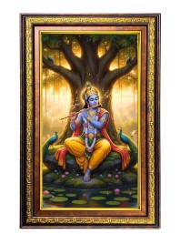 Lord Krishna Digital Golden Balck Color Photo Frame | Hindu Religious Wall Decor | 18x24 Inches - Inspirational Wall Art For Office, Home Decor - Ideal Spiritual Gift (F16798)