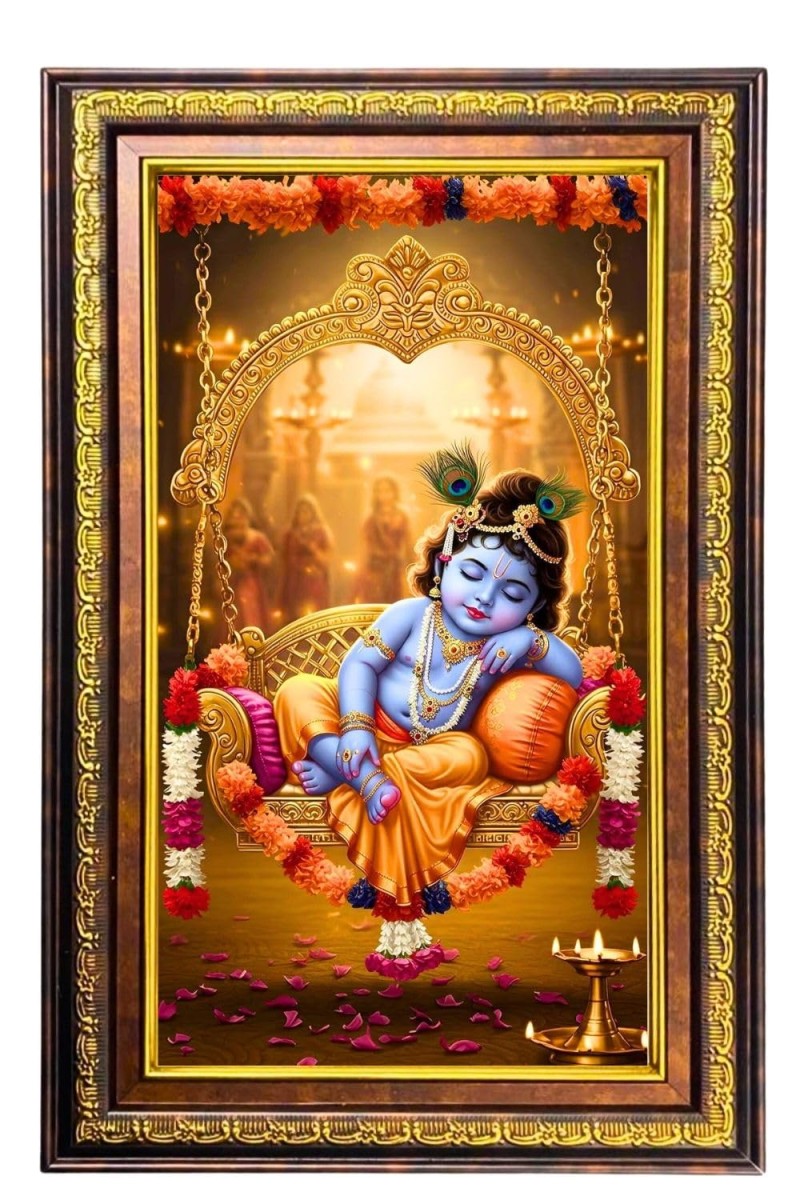 Lord Krishna Digital Golden Balck Color Photo Frame | Hindu Religious Wall Decor | 16x22 Inches - Inspirational Wall Art For Office, Home Decor - Ideal Spiritual Gift (F16929)