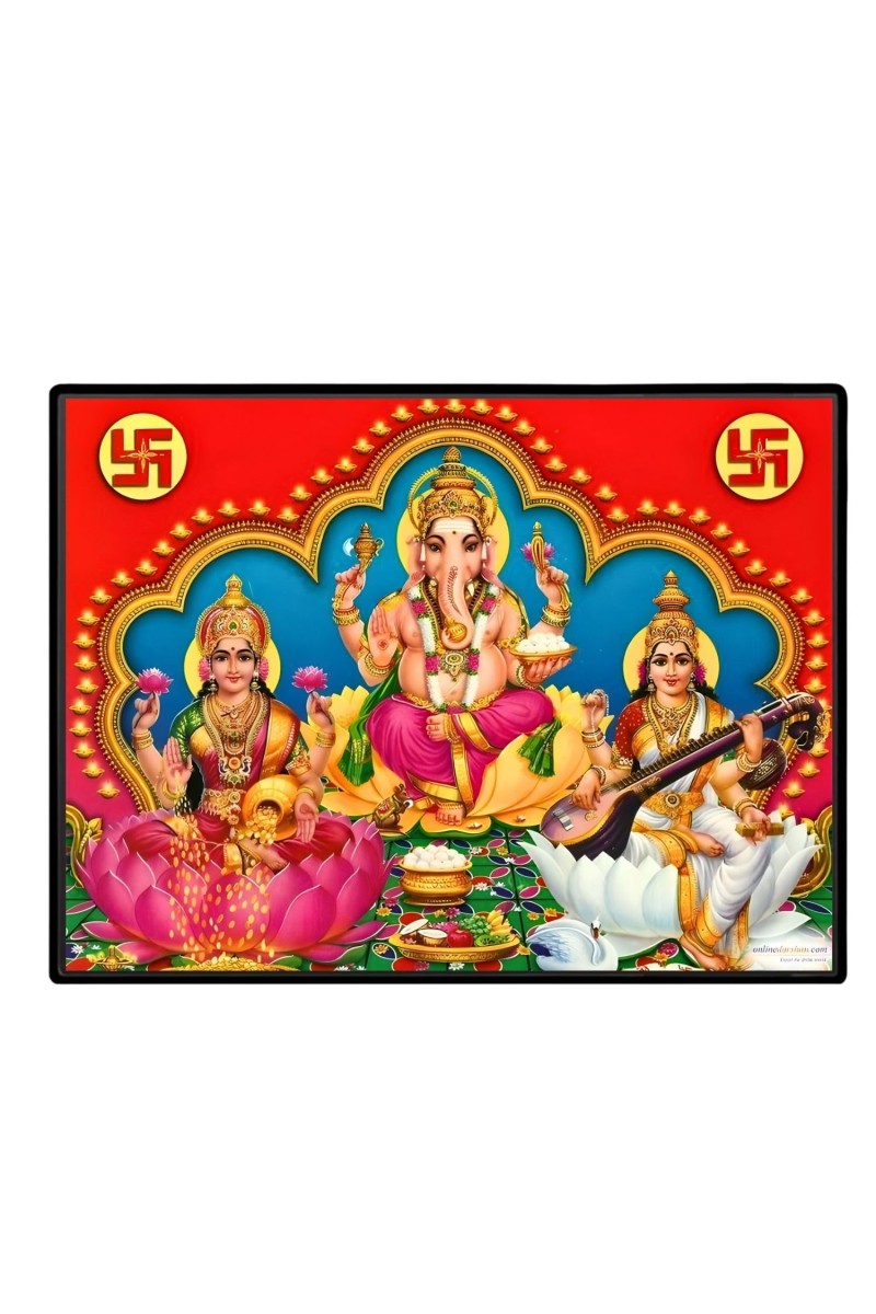 Lord Ganesha Maa Laxmi Sarswati Laminated Photo - 11x13 Inches, Divine Blessings For Home & Office And Temple Decoration (F16138)