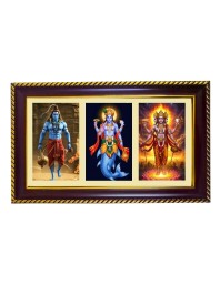 Brahma-Vishnu-Mahesha Photo Frame 8x4 Inch | Glossy Maroon Polystyrene Frame | Divine Wall & Table Decor | Temple Decoration & Gift Item (Pack Of 1) (F20884)