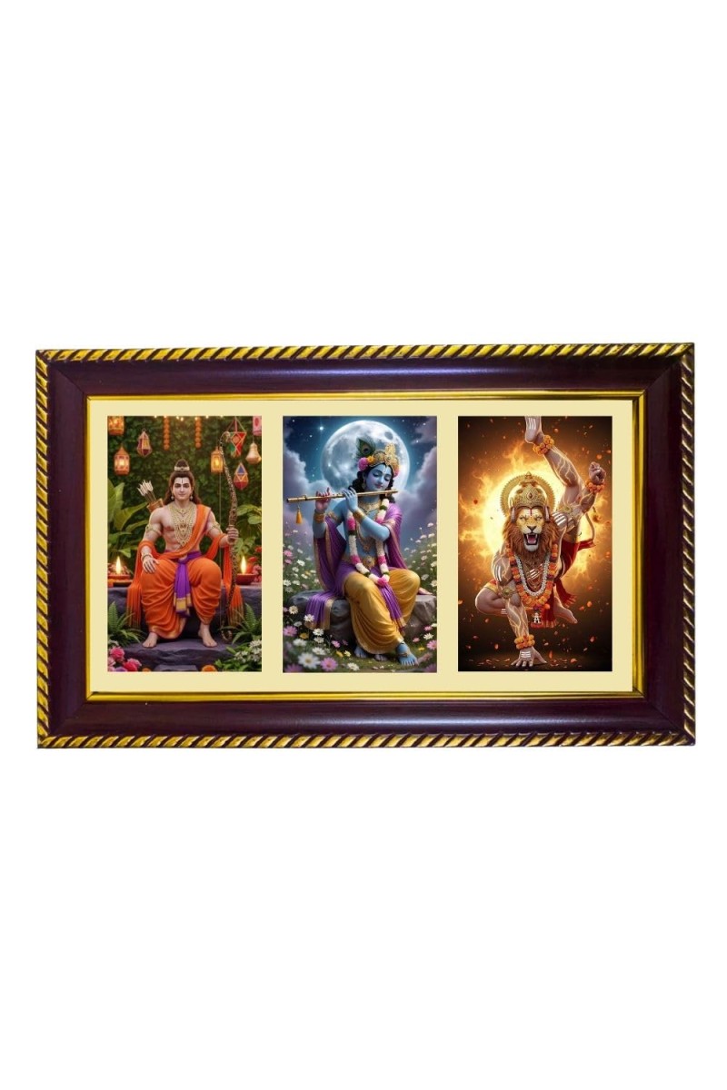 Ram-Krishna-Narshima Photo Frame 12x8 Inch | Glossy Maroon Polystyrene Frame | Divine Wall & Table Decor | Temple Decoration & Gift Item (Pack Of 1) (F21480)